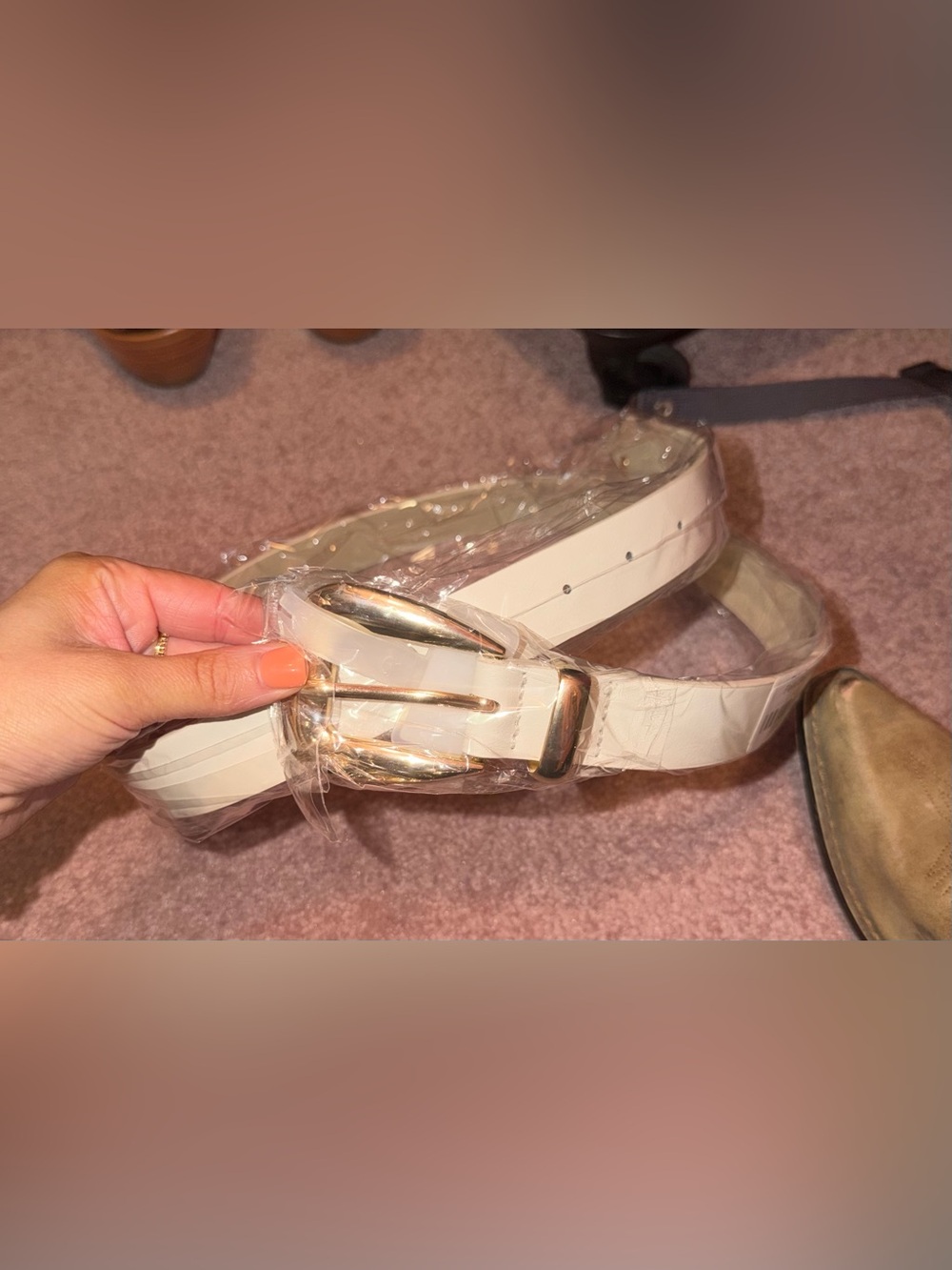 White Women's Faux Leather Belt with Gold Buckle